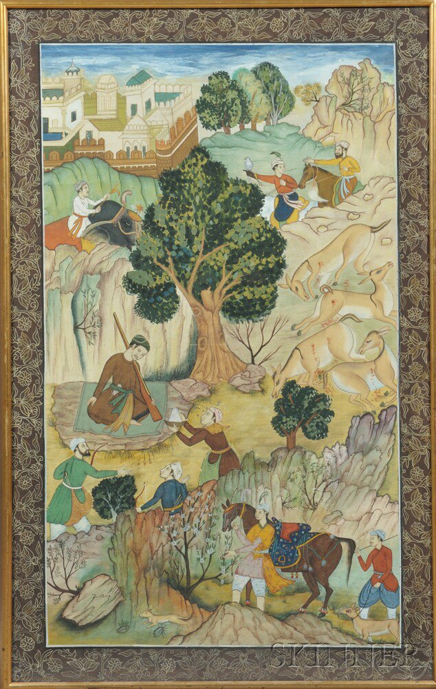 Appraisal: Kangra-style Painting Depicting Hunting Scenes India th th century in