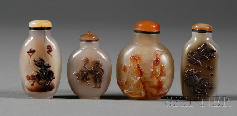 Appraisal: Four Shadow Agate Snuff Bottles one with carving of a