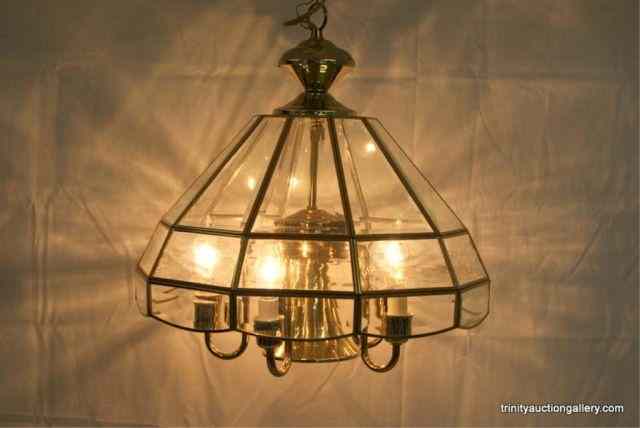 Appraisal: Brass Beveled Glass Overhead Light Fixture Very nice single fixture