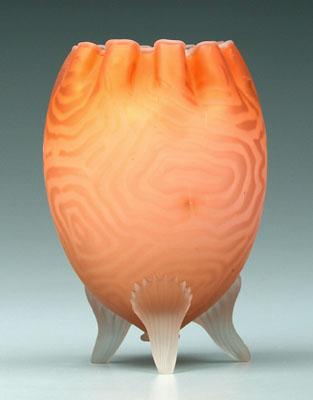 Appraisal: Apricot moir mother-of-pearl vase crimped rim three reeded frosted feet