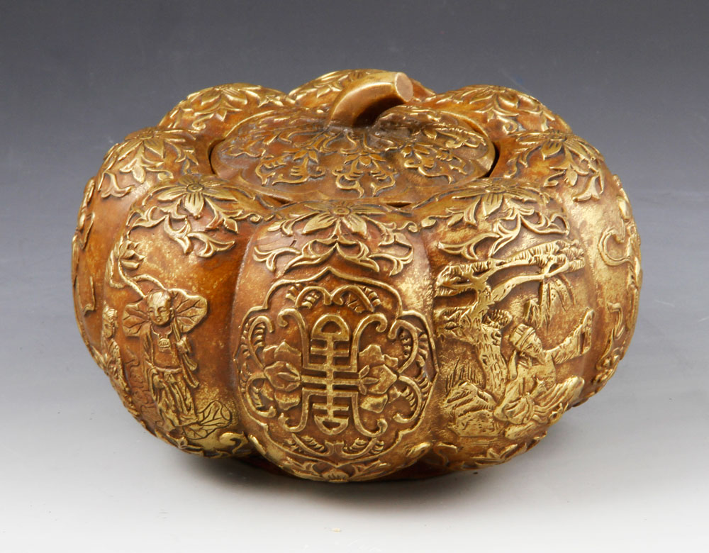 Appraisal: - Chinese Gilded Bronze Box Chinese pumpkin shaped covered box