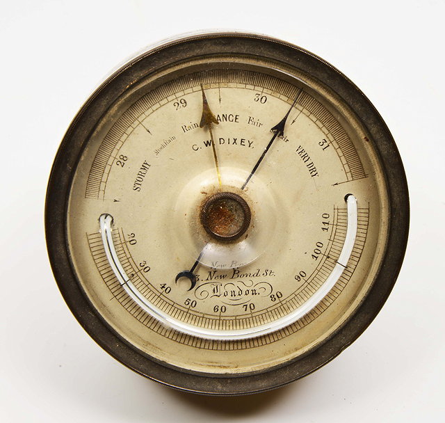 Appraisal: A TH CENTURY SMALL SIZE CIRCULAR BRASS ANEROID BAROMETER the