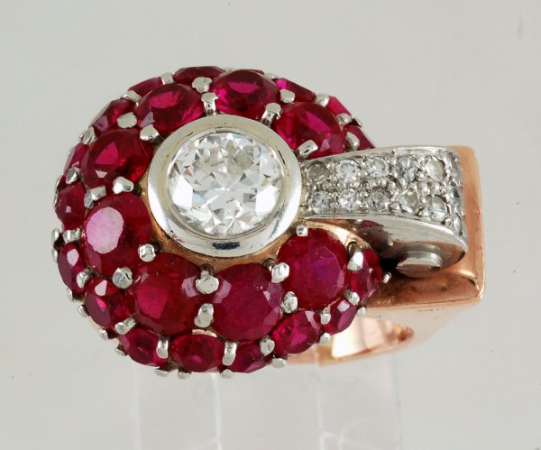 Appraisal: Retro diamond and synthetic ruby ring in K rose gold