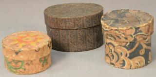 Appraisal: Three small covered wallpaper boxes to include a round Pennsylvania