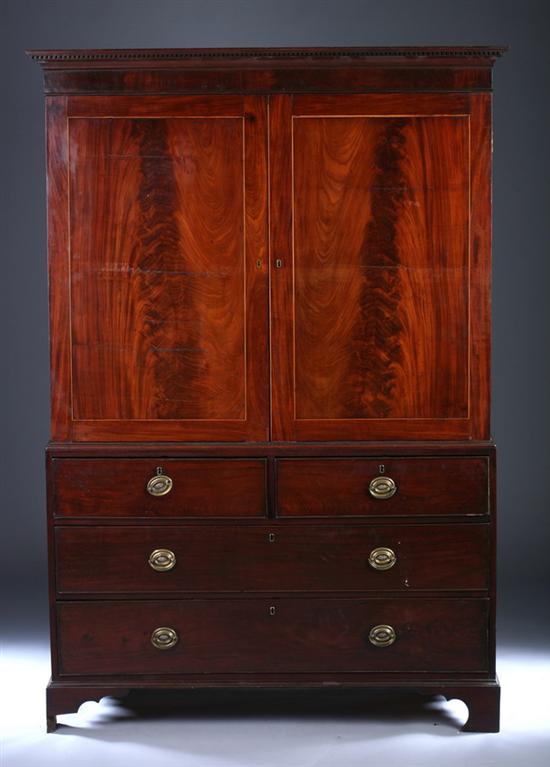 Appraisal: GEORGE IV LINE-INLAID MAHOGANY LINEN PRESS Dentiled cornice upper section