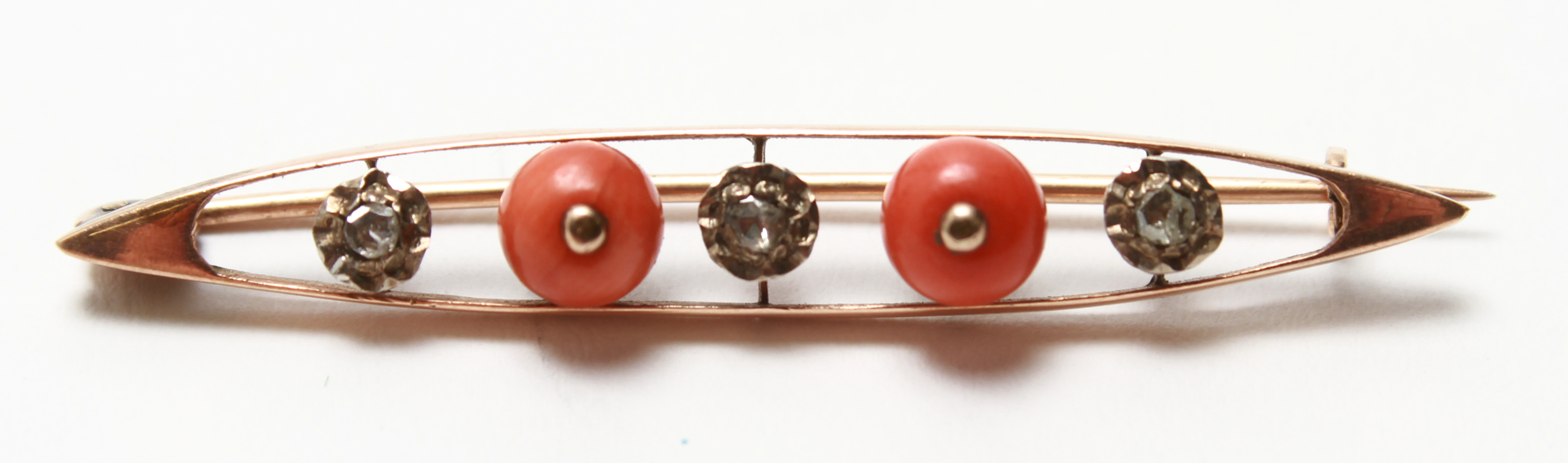 Appraisal: K ROSE GOLD DIAMOND RED CORAL BAR PIN BROOCH K