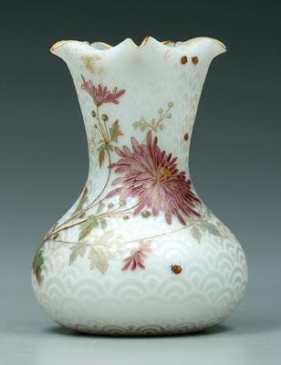 Appraisal: Peacock eye mother-of-pearl vase scalloped rim hand enamel floral bouquet