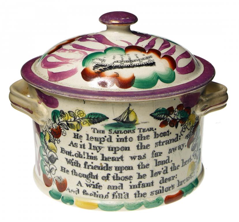 Appraisal: A SUNDERLAND PURPLE LUSTRE TWO HANDLED BUTTER TUB AND COVER