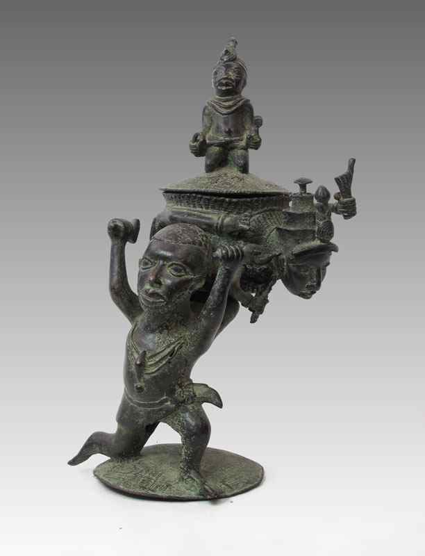 Appraisal: AFRICAN BRONZE FIGURAL OFFERING POT SCULPTURE Approx '' h x