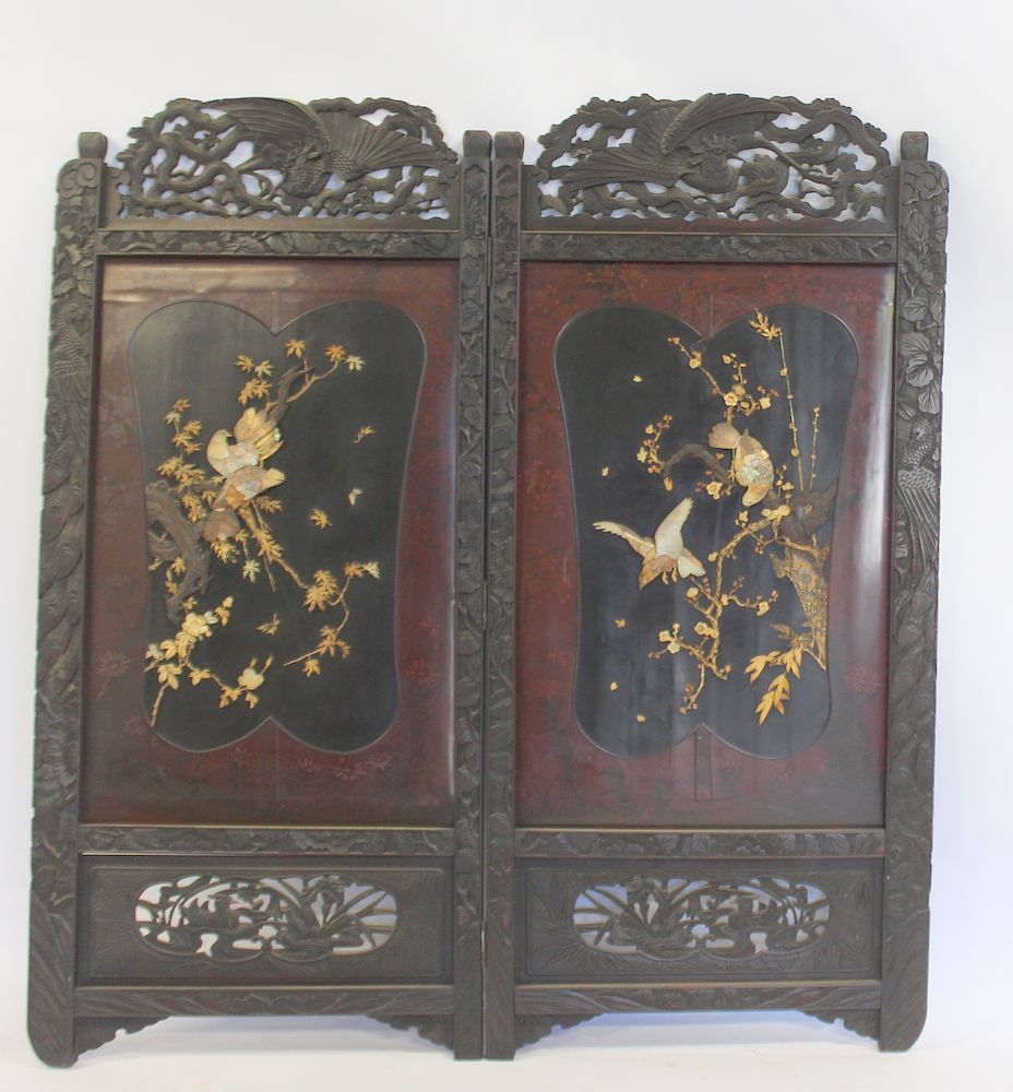 Appraisal: Antique Japanese Panel Screen With Hardstone Decoration From a Westchester