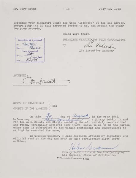 Appraisal: CARY GRANT Contract for I Was a Male War Bride