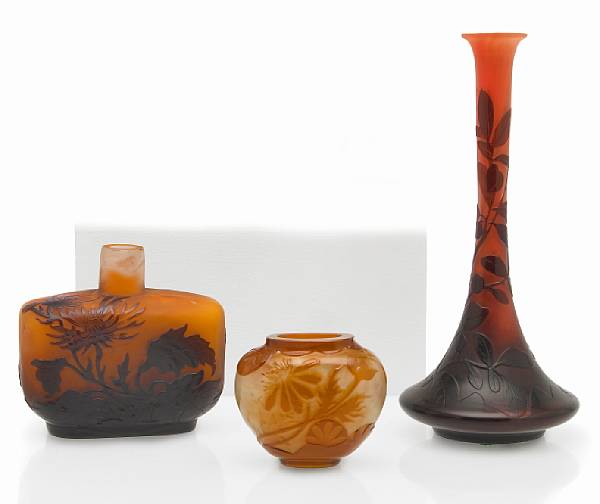 Appraisal: Three Gall cameo glass decorative articles circa comprising a stickneck