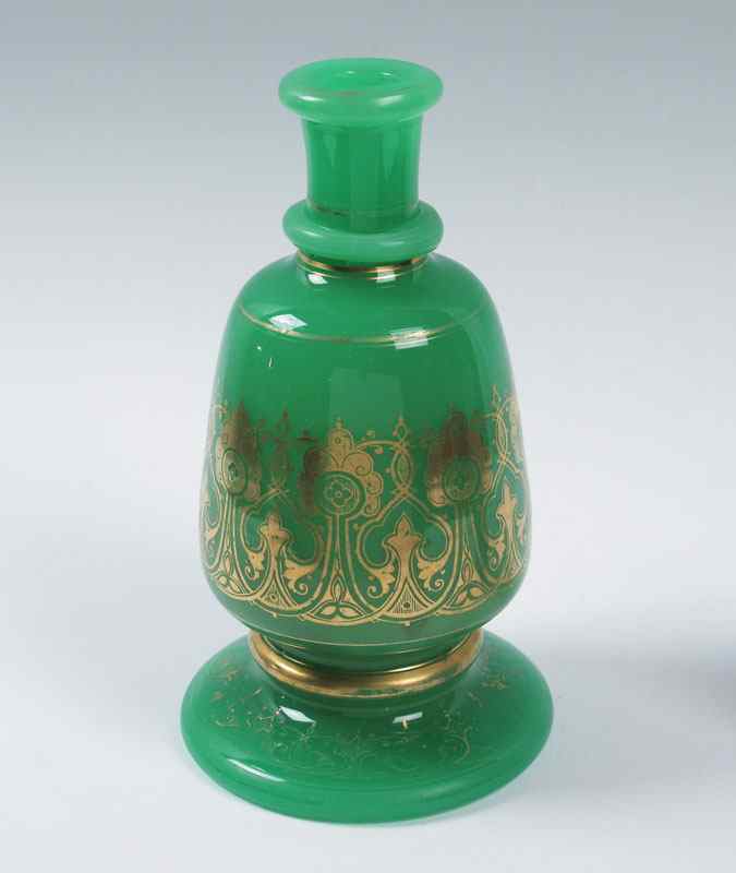 Appraisal: EARLY BOHEMIAN OPALINE BOTTLE VASE Gilt decorated green opaline ''