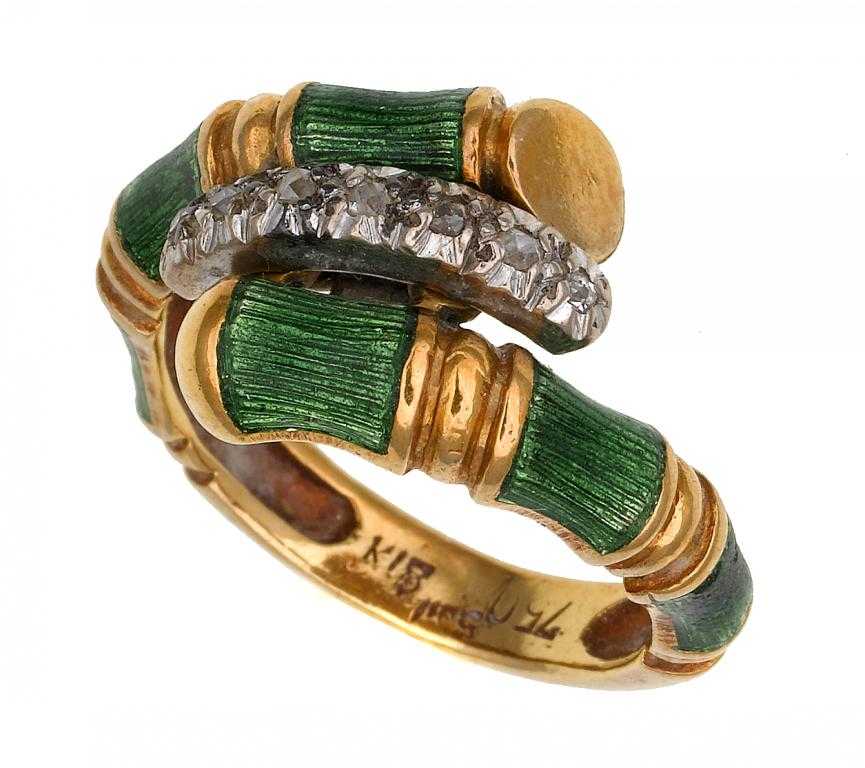 Appraisal: A DIAMOND GOLD AND GREEN GUILLOCHE ENAMEL BAMBOO DESIGN RING