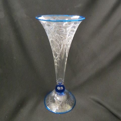 Appraisal: Pairpoint Art Glass Vase etched design blue trim trumpet shape