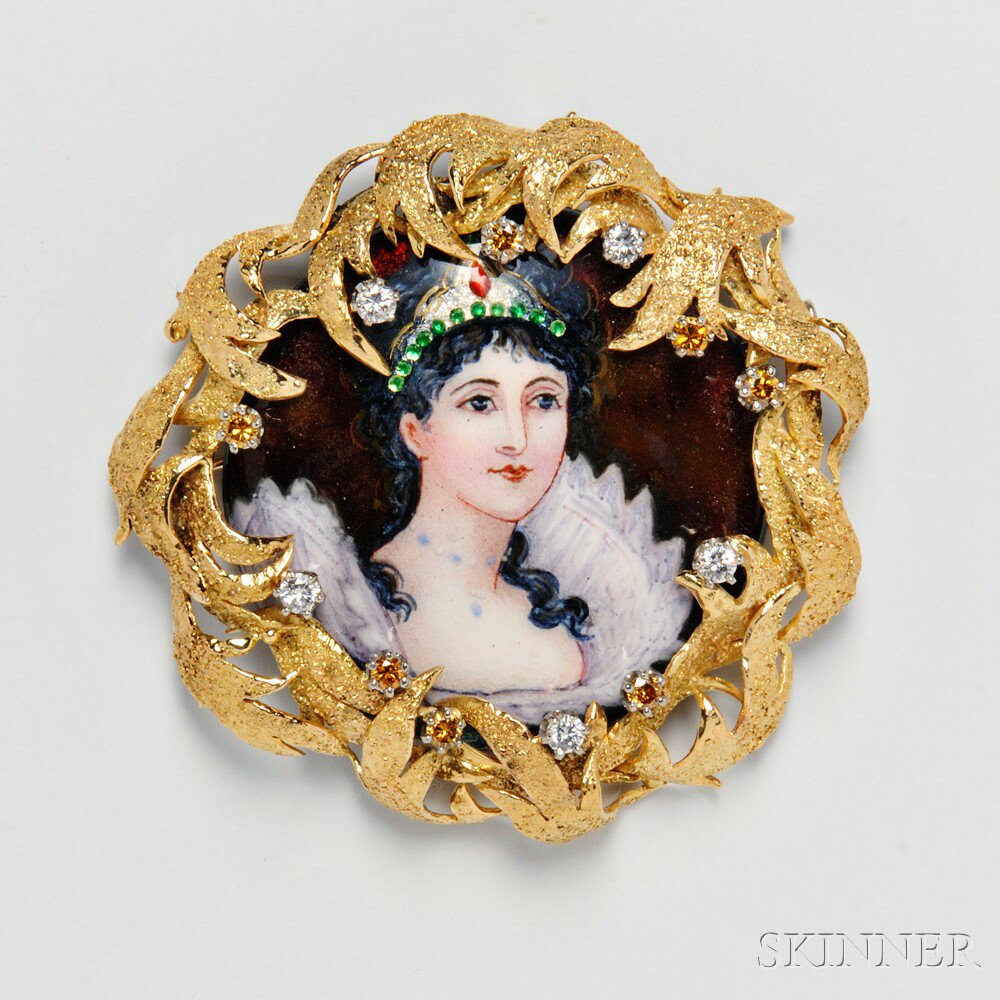 Appraisal: kt Gold Diamond and Enamel Portrait Brooch the portrait of