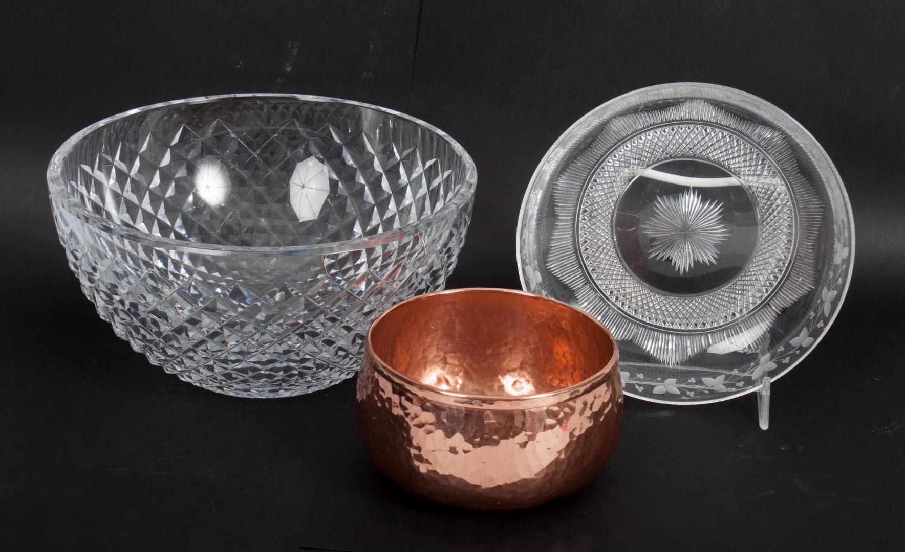 Appraisal: a Two crystal bowls and a Roycroft copper mold Waterford