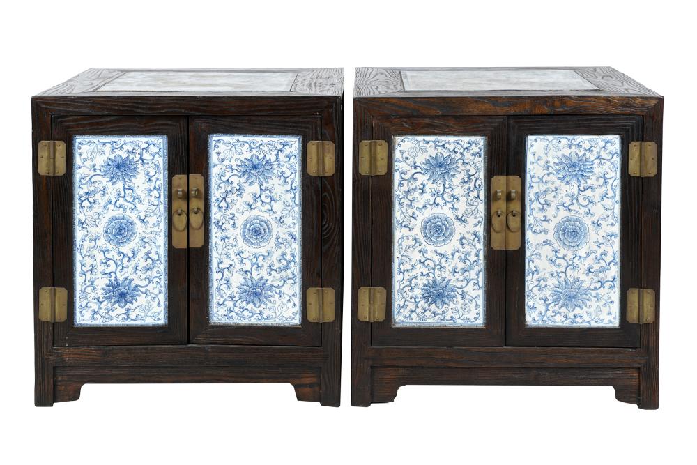 Appraisal: PAIR OF CHINESE TILE-INSET CABINETSthe hinged doors enclosing a shelf