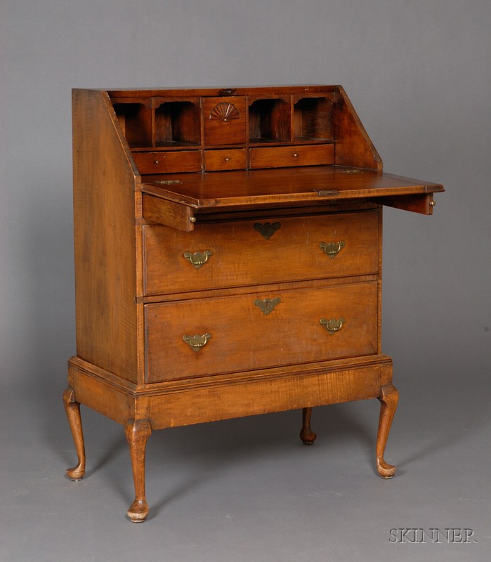 Appraisal: Diminutive Queen Anne Tiger Maple Desk-on-Frame New England mid- th