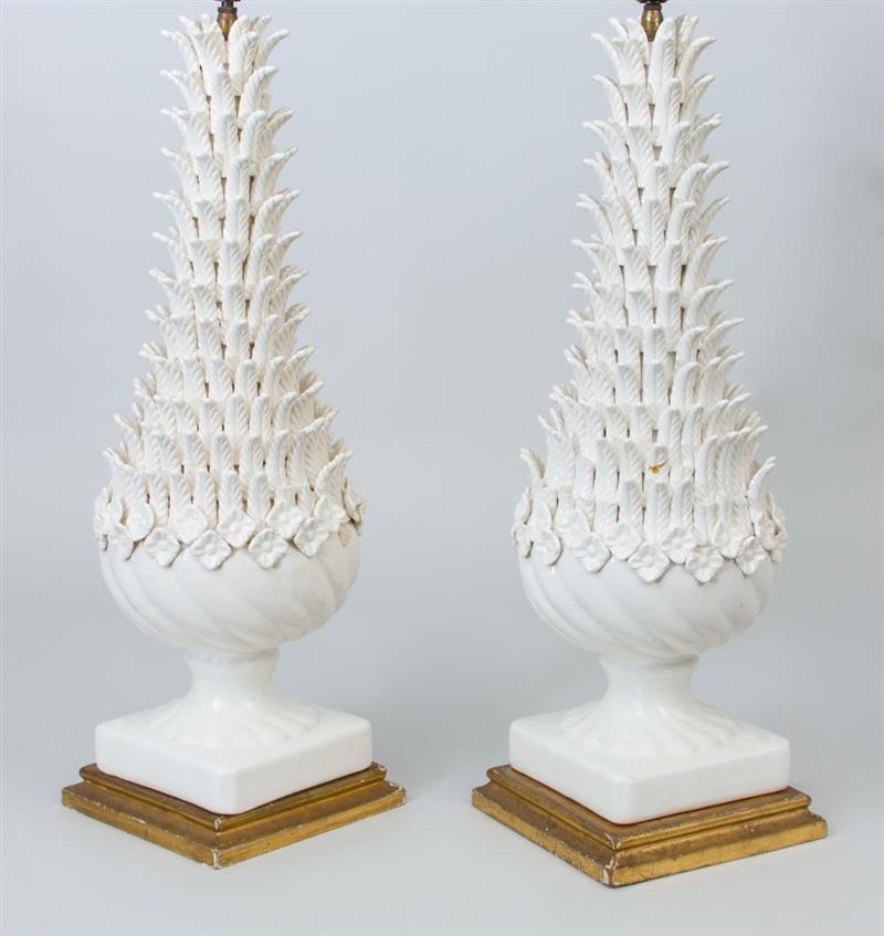 Appraisal: Pair of Manises Glazed Pottery Table Lamps The porcelain x