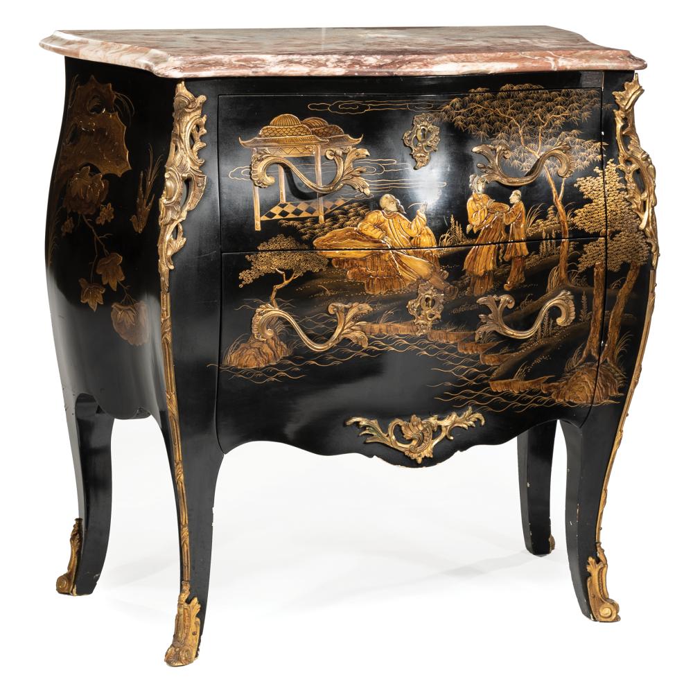 Appraisal: Continental Bronze-Mounted Chinoiserie Bombe Chest shaped marble top scene with