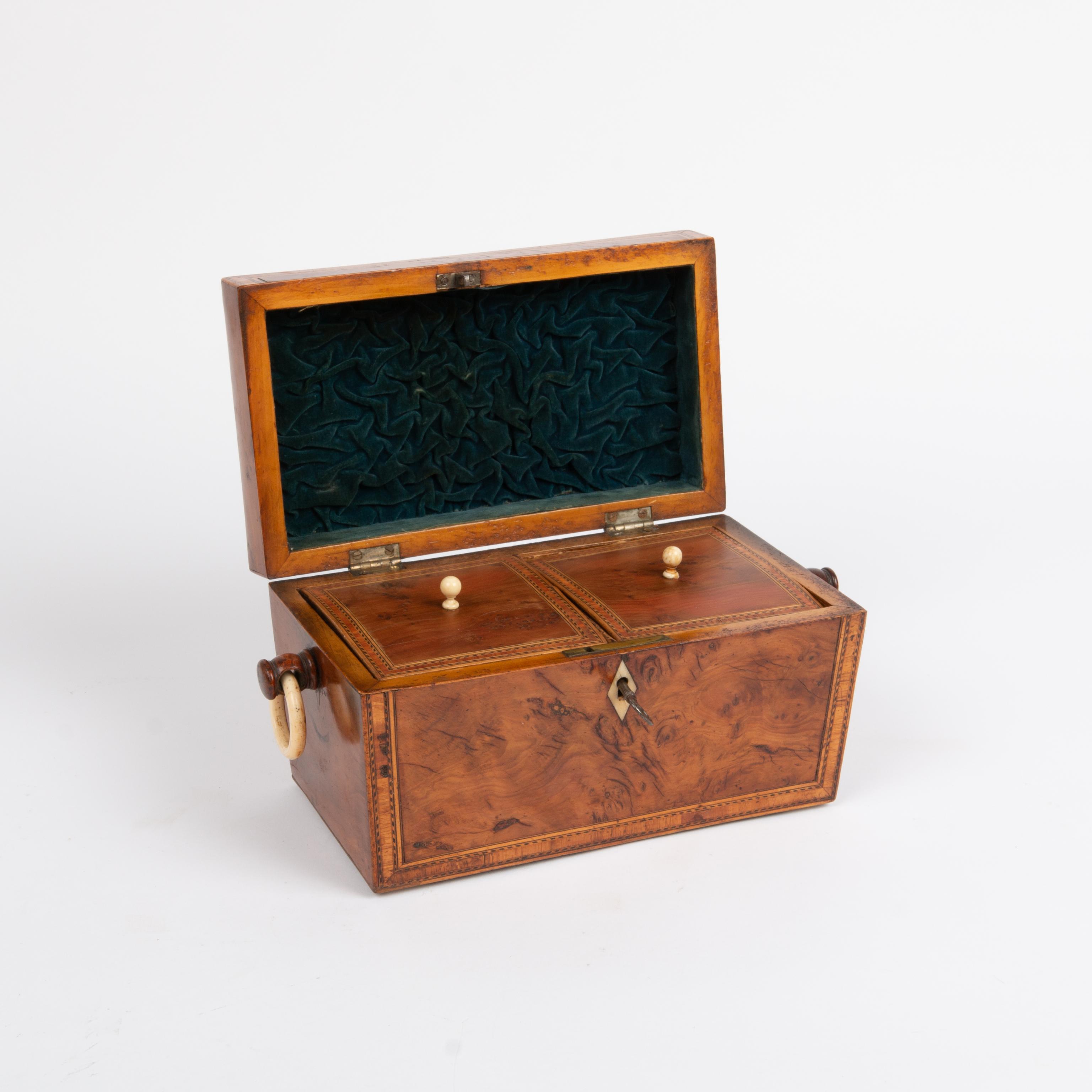 Appraisal: FINE TH C ENGLISH WALNUT BURL TEA CADDY A sarcophagus-shaped