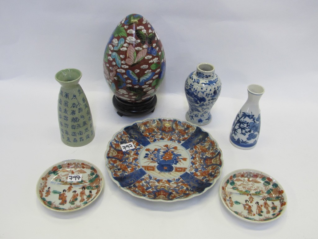 Appraisal: Large Cloisonne egg on stand and assorted ceramics