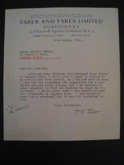 Appraisal: ELIOT T S Typed letter signed to Denis Goacher London