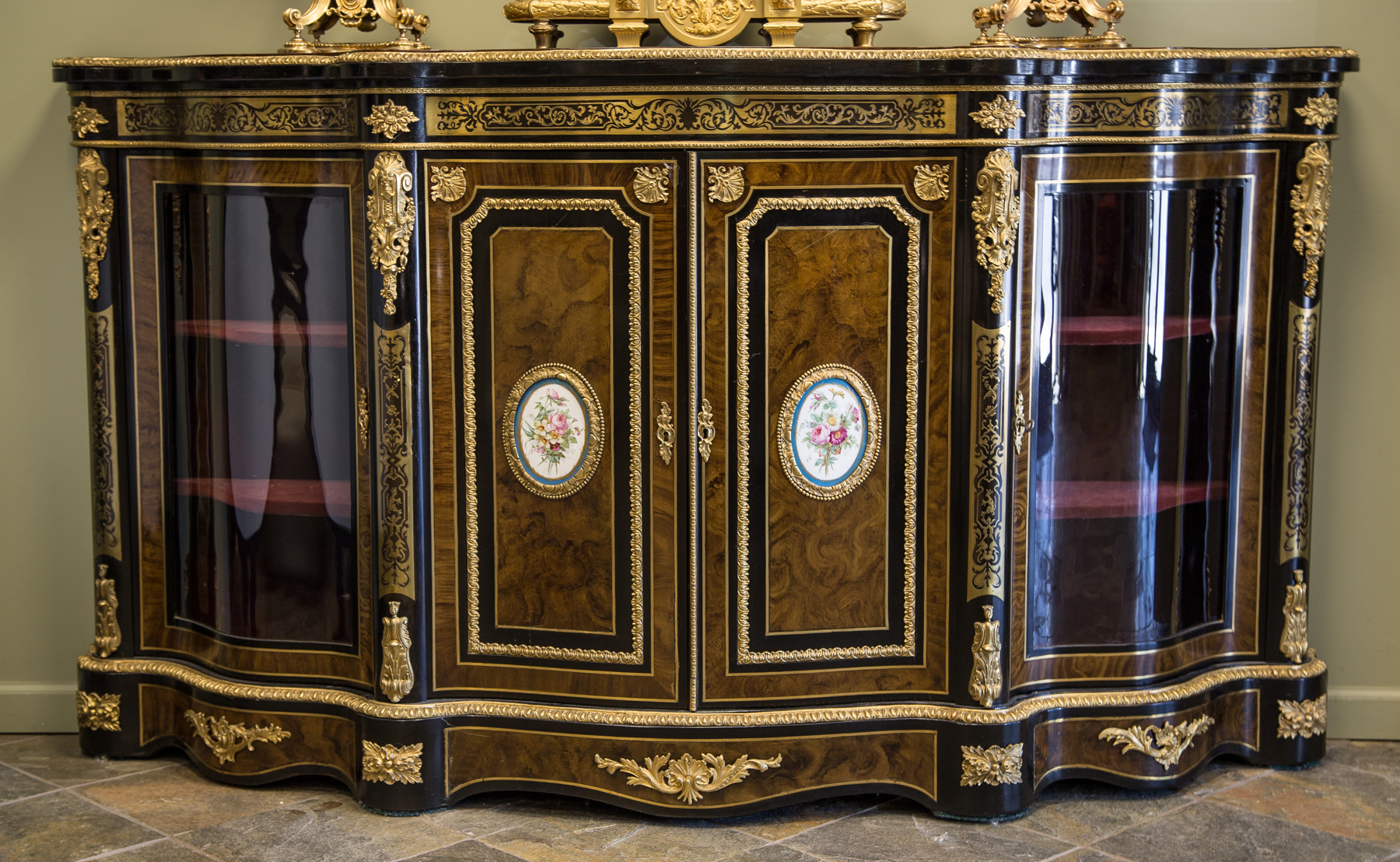 Appraisal: Boulle Burl Ebonized and Gilt Bronze Serpentine Side Cabinet th