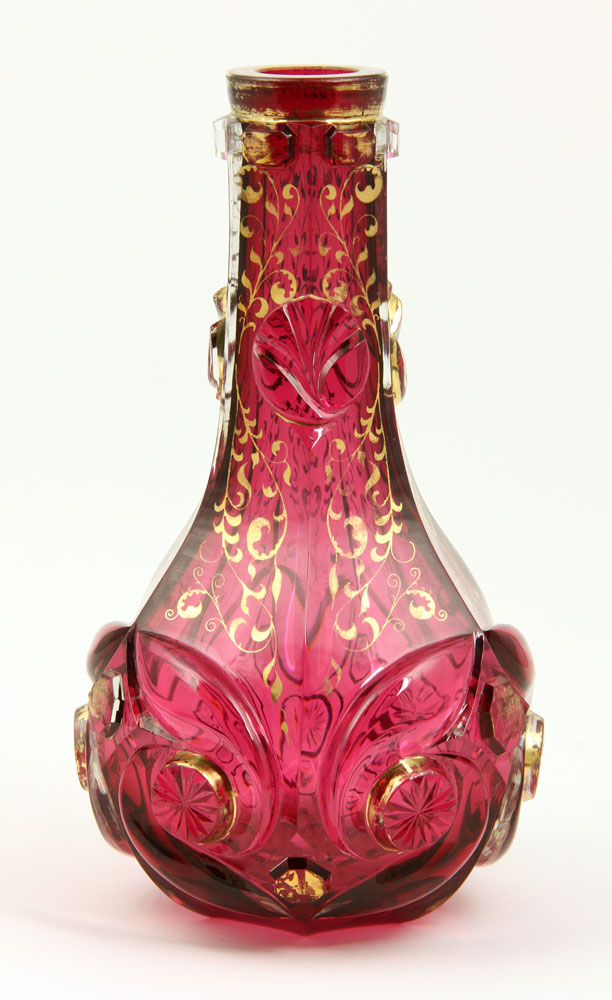 Appraisal: - Bohemian Glass Carafe Bohemian carafe cranberry glass with gilt