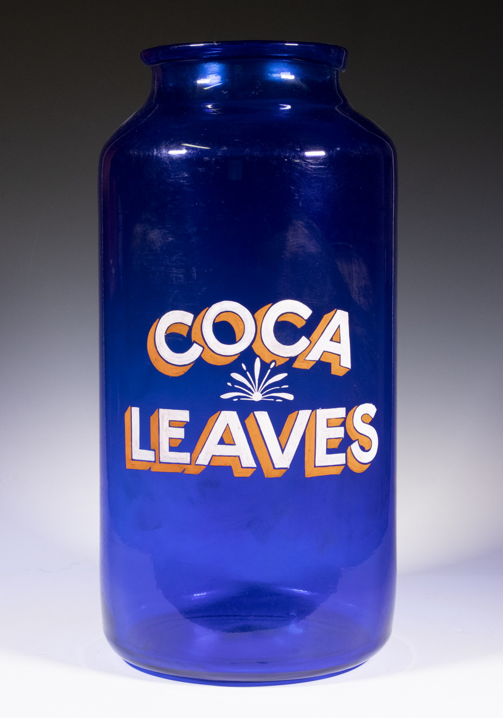 Appraisal: LARGE BLUE GLASS APOTHECARY JAR COCA LEAVES Cobalt Blue handblown