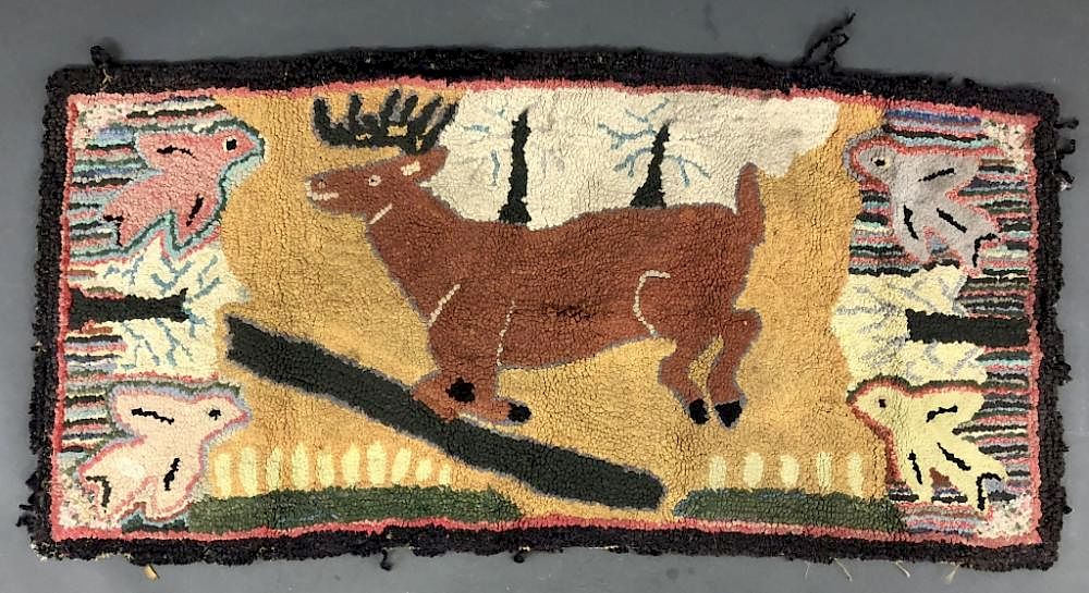 Appraisal: Pictorial Hooked Rug of a Running Stag Pictorial hooked rug