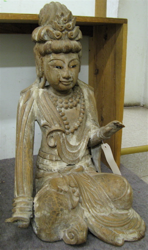 Appraisal: CHINESE FIGURAL WOOD SCULPTURE the seated figure of a female