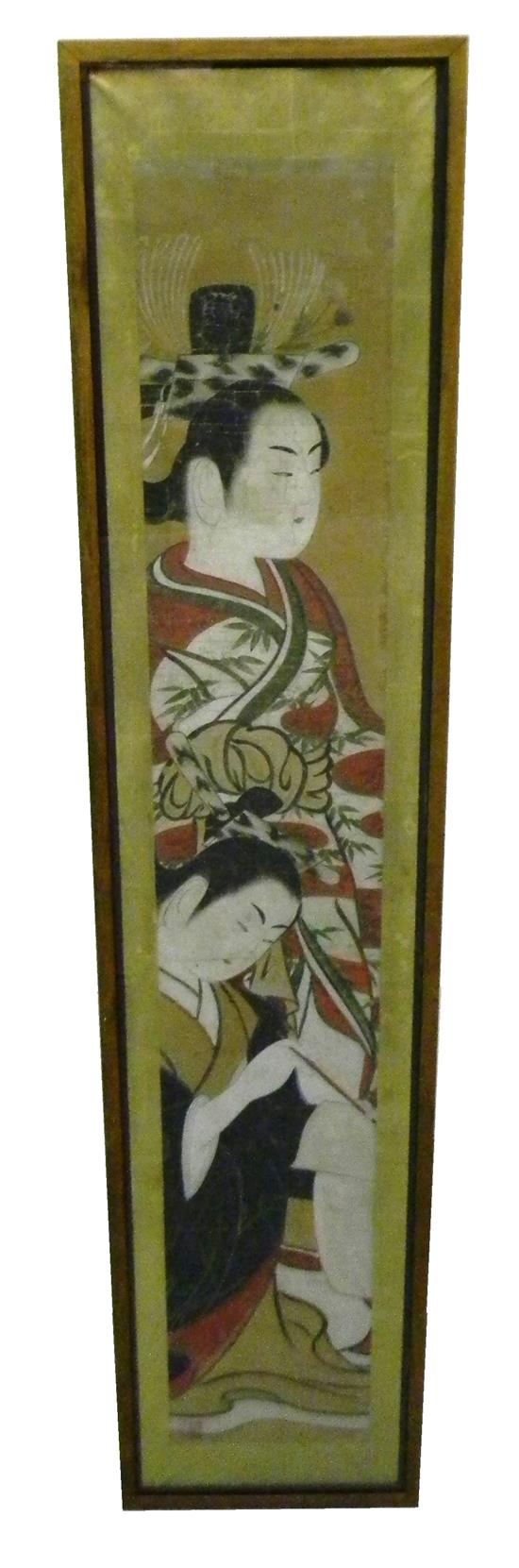 Appraisal: ASIAN Early th C watercolor on paper yamato-e kakemono depicting