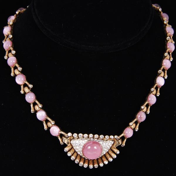 Appraisal: Mazer Bros gold tone pave surreal eye necklace with pink