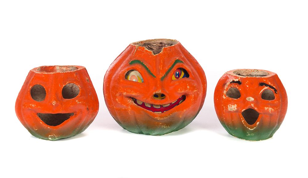 Appraisal: Papier Mache Jackolantern candy containers Three Papier Mache Jackolantern Halloween