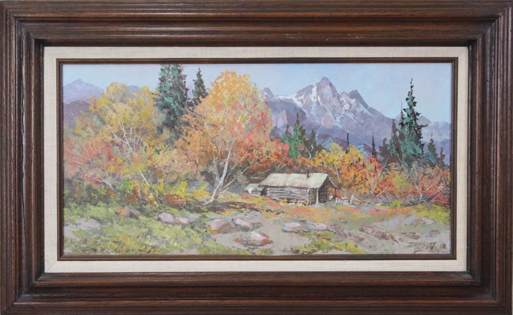 Appraisal: FRED OLDFIELD Washington b oil on canvas log cabin in