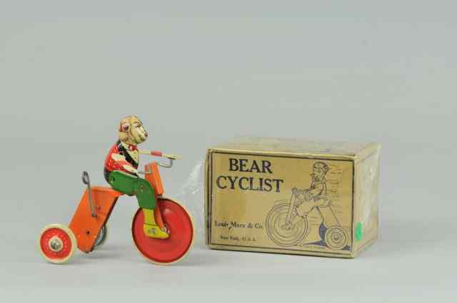 Appraisal: BOXED BEAR CYCLIST TOY Louis Marx lithographed tin depicts bear