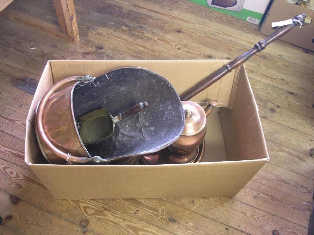 Appraisal: A Victorian copper coal scuttle copper warming pan large copper