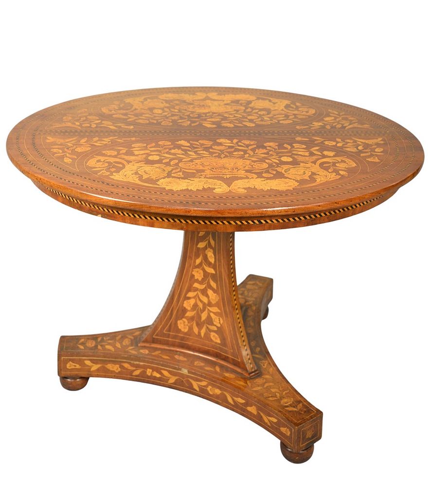 Appraisal: Marquetry Inlaid Round Center Table having urns of flowers on