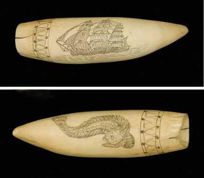 Appraisal: Scrimshaw -decorated whale's tooth th century Decorated with a three-masted