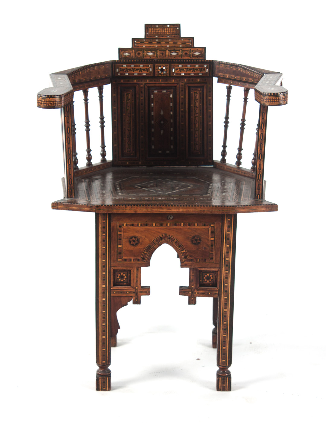 Appraisal: Moorish inlaid wood armchair late th century armchair with elaborate