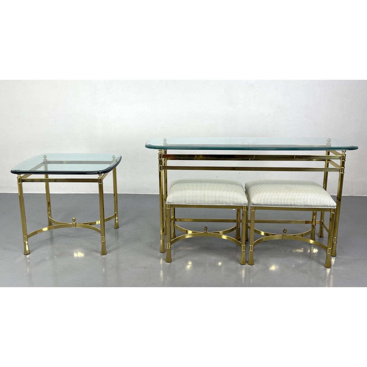 Appraisal: High Quality Brass and Glass Tables with Benches Faceted feet