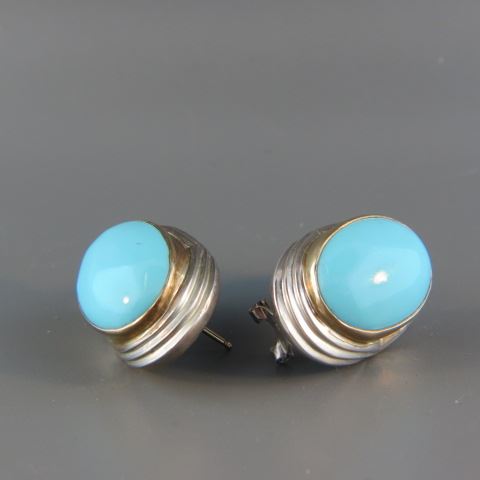 Appraisal: k Gold Sterling Turquoise Earrings rich Persian blue oval cabachons