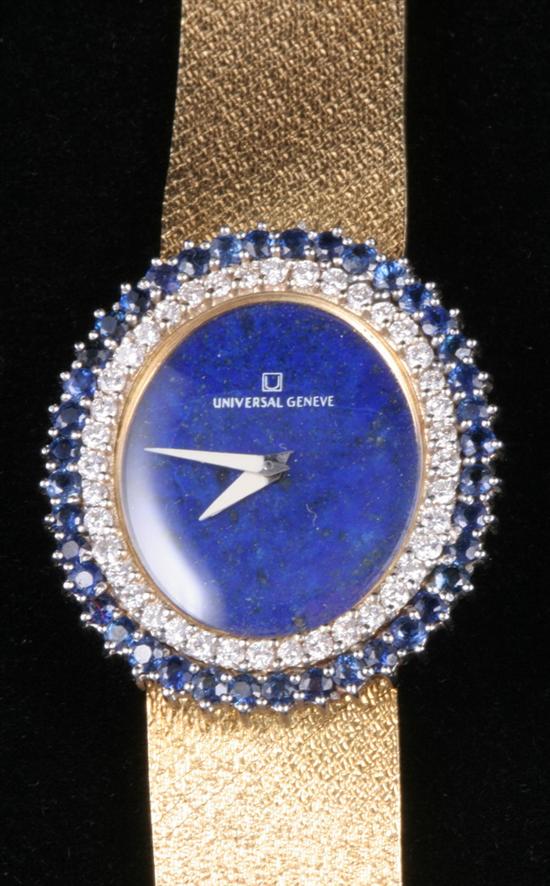 Appraisal: LADY'S UNIVERSAL GENEVA K YELLOW AND WHITE GOLD DIAMOND SAPPHIRE