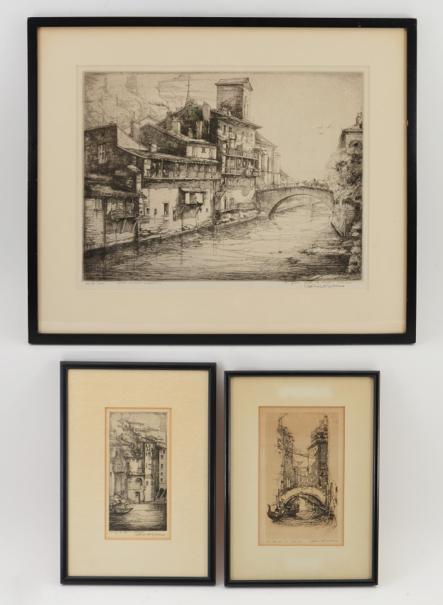 Appraisal: GIDDENS Philip American - Etchings to include Village Canal Scene