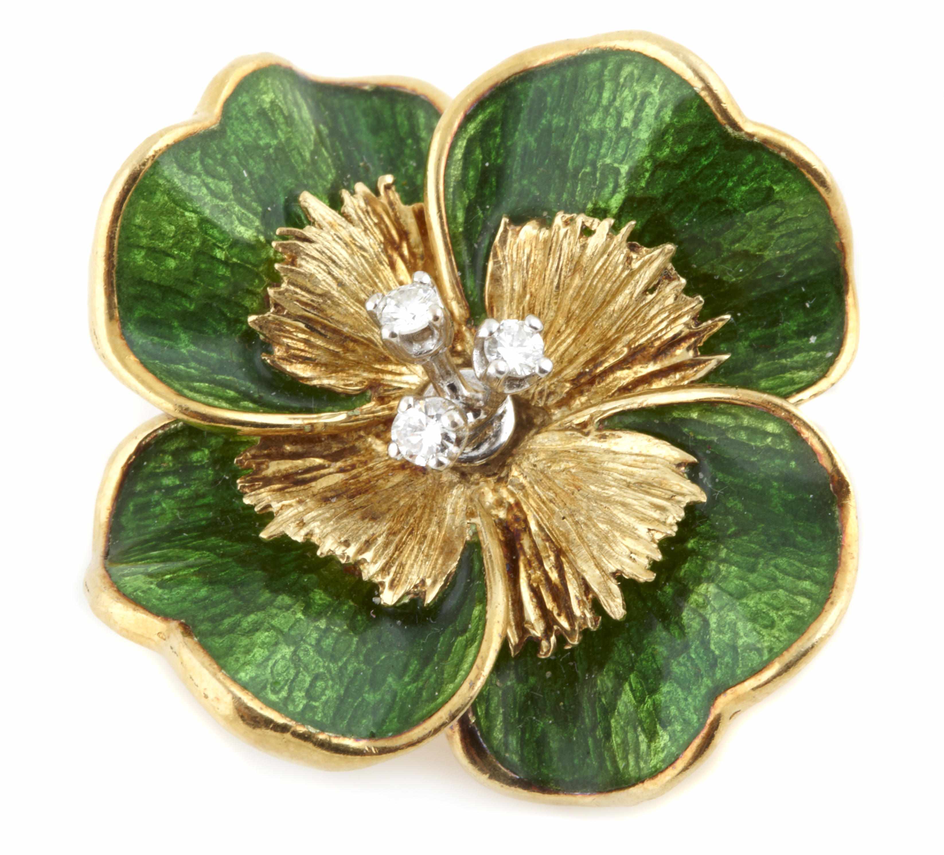 Appraisal: An enamel diamond and k gold flower brooch g