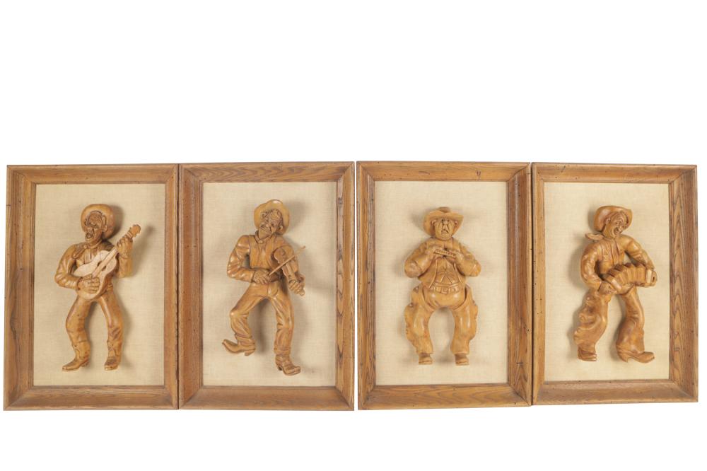 Appraisal: FOUR CARVED WOOD FIGURESeach carved in the half-round mounted to