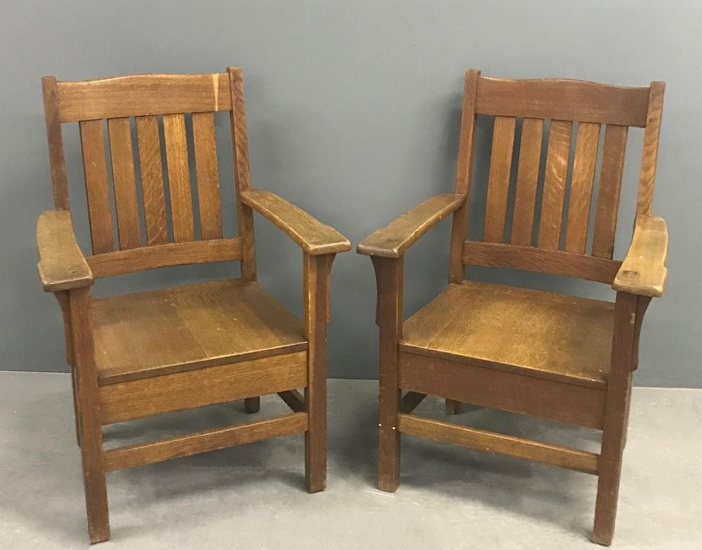 Appraisal: Pair of Arts Crafts Mission Oak Armchairs Pair of Arts