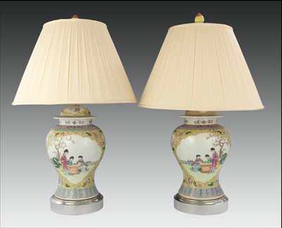 Appraisal: A Pair of Chinese Porcelain Famille Jaune Style Lamps Apprx